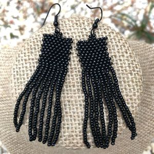 Hand Stitched Black Square Peyote Stitch Fringe